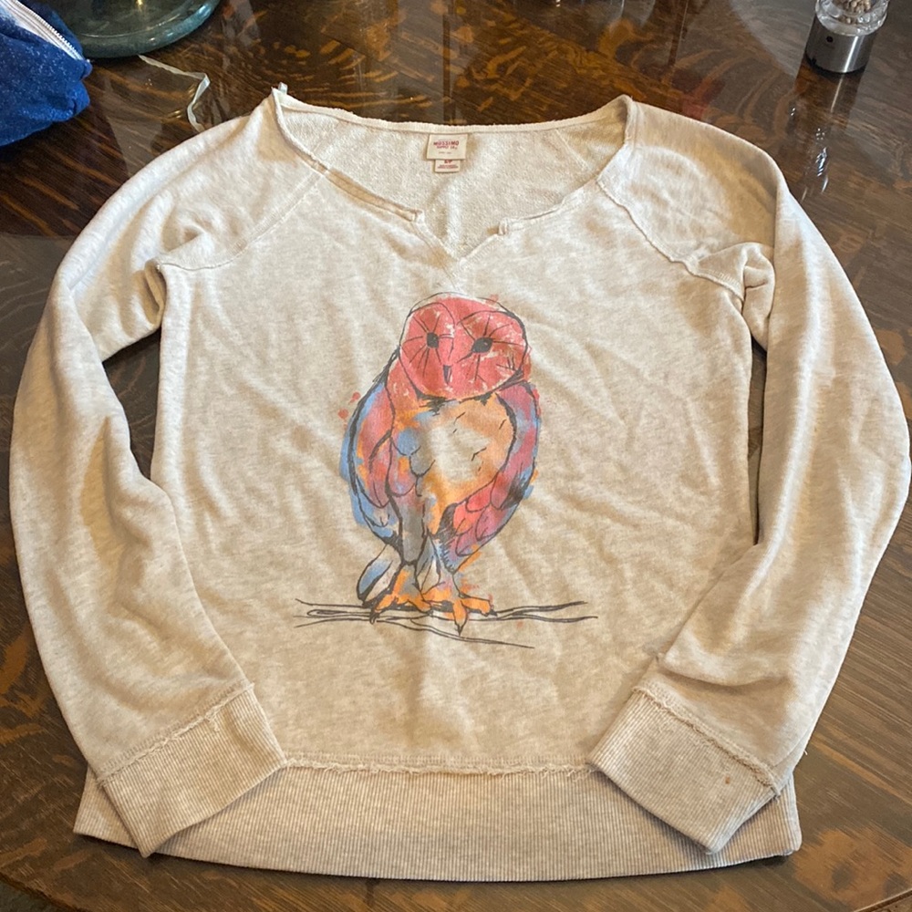Mossimo Small Women’s Sweatshirt Small Heathered Tan with Colorful Owl